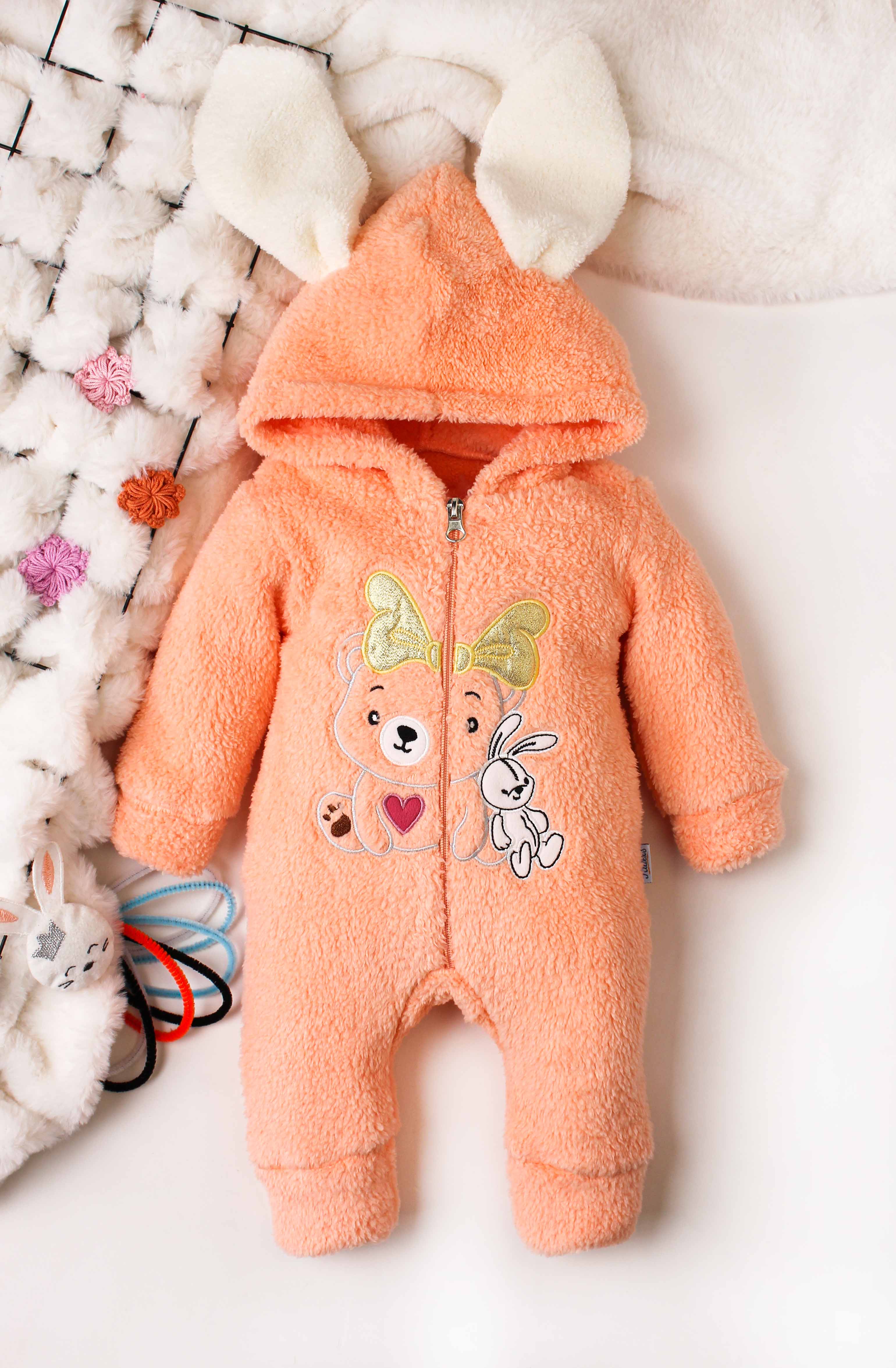 Kapüşonlu Tavşan Kulaklı Nakışlı Peluş Kız Bebek Tulum 0-12 Ay